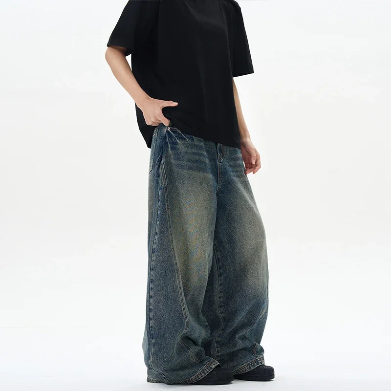

2026Spring New Men's Jeans Oversized Wide Leg Pants Loose Vintage Patchwork Lightning Cracked Denim Trousers Streetwear Male