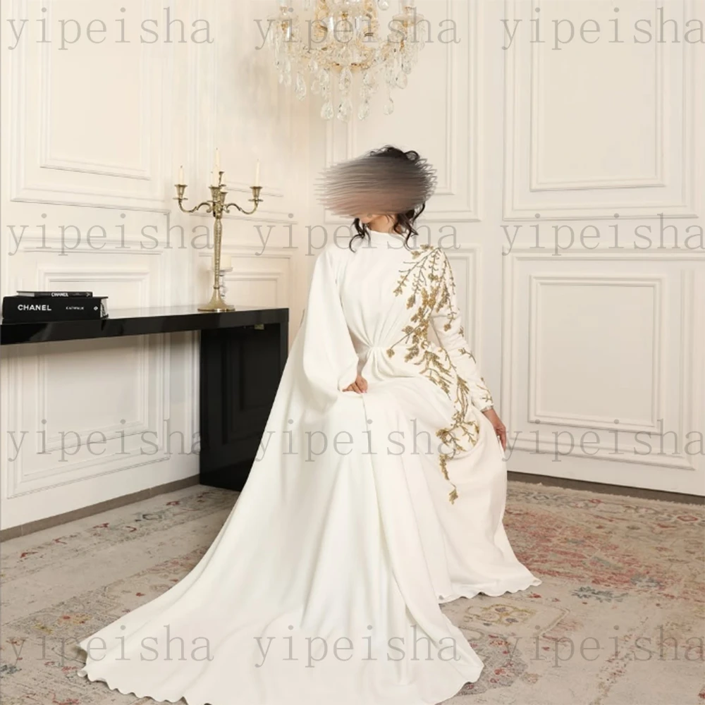 Customized High Neck A-Line Evening Dresses Full Sleeve Lace Sequined beading Appliques Long Prom Gown Floor-Length Party Dress