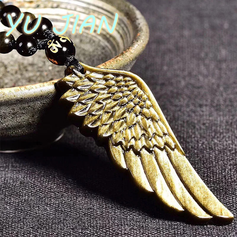 Exquisite Gold Obsidian Angel Wing Feather Pendant Ladies Men's Fashion Necklace Natural Crystal Stone Handmade Jewelry