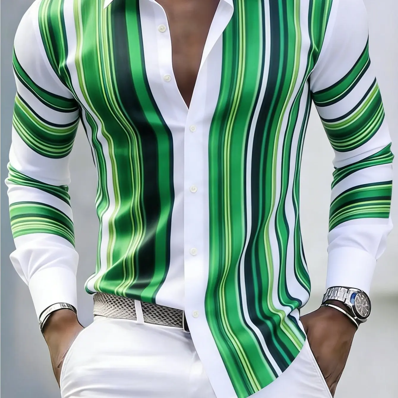 Men's Shirt Green White Vertical Stripe Satin Print Long Sleeve Button Down Top Casual Daily Party Mens Clothing