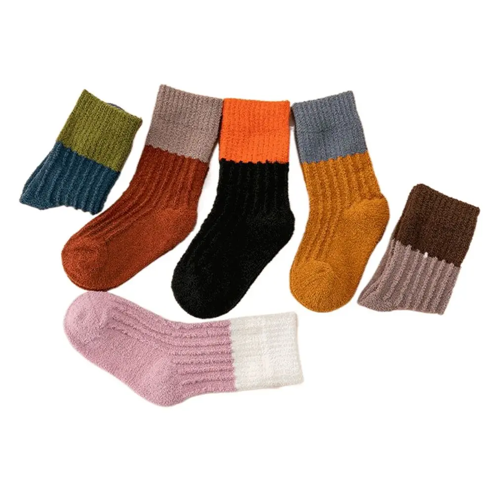 

Soft Patchwork Color Children Indoor Socks Autumn Winter Coral Fleece Mid Tube Socks Floor Socks Striped Socks Socks