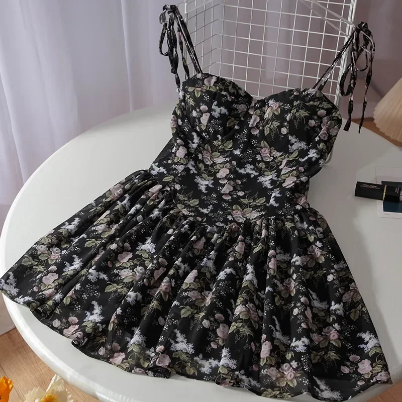 French Floral Sling Dress Women Chic Backless Summer Sexy Mini Dress Beach Spaghetti Strap Dress Sundress 2023 New  Female  Robe