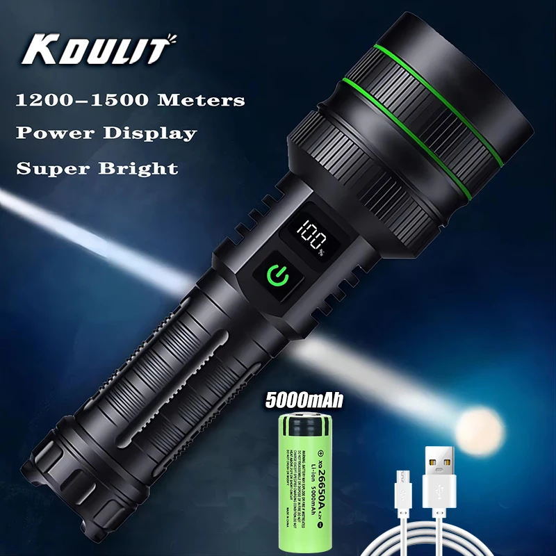 KDULIT Most Powerful Long Shot LED Flashlight Tactical Zoom Torch Built-in 26650 Battery USB Rechargable High Power Camping Lamp