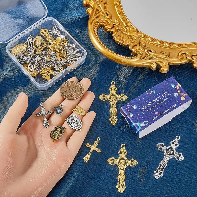 40Pcs 8 Styles Rosary Cross Charms Silver Crucifix Rosary Charm Easter Holiday Gold Tibetan Alloy Oval Chandelier Links Charm
