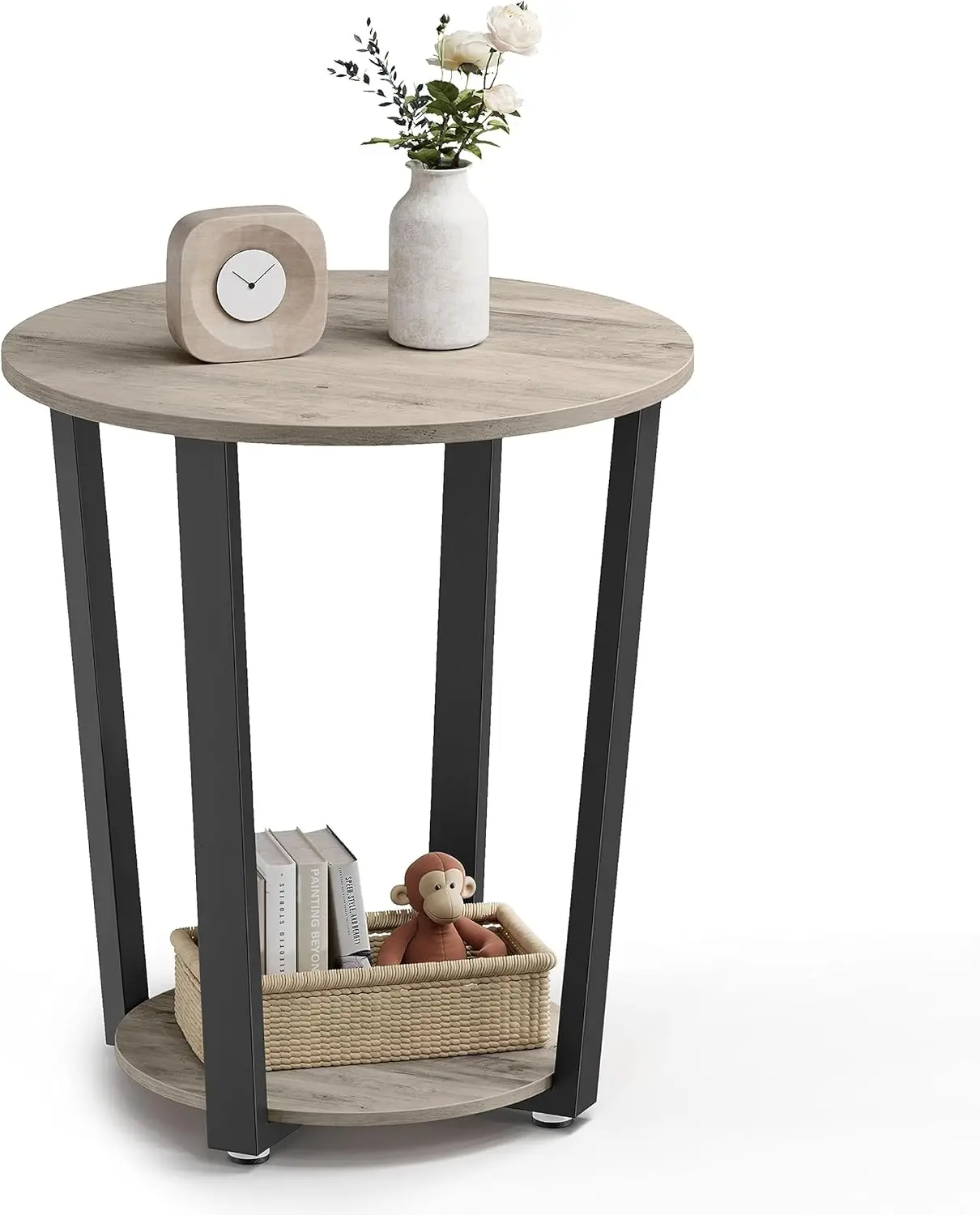 End Table, Round Side Table with Storage Shelf, Easy Assembly, Industrial Accent Furniture with Steel Frame