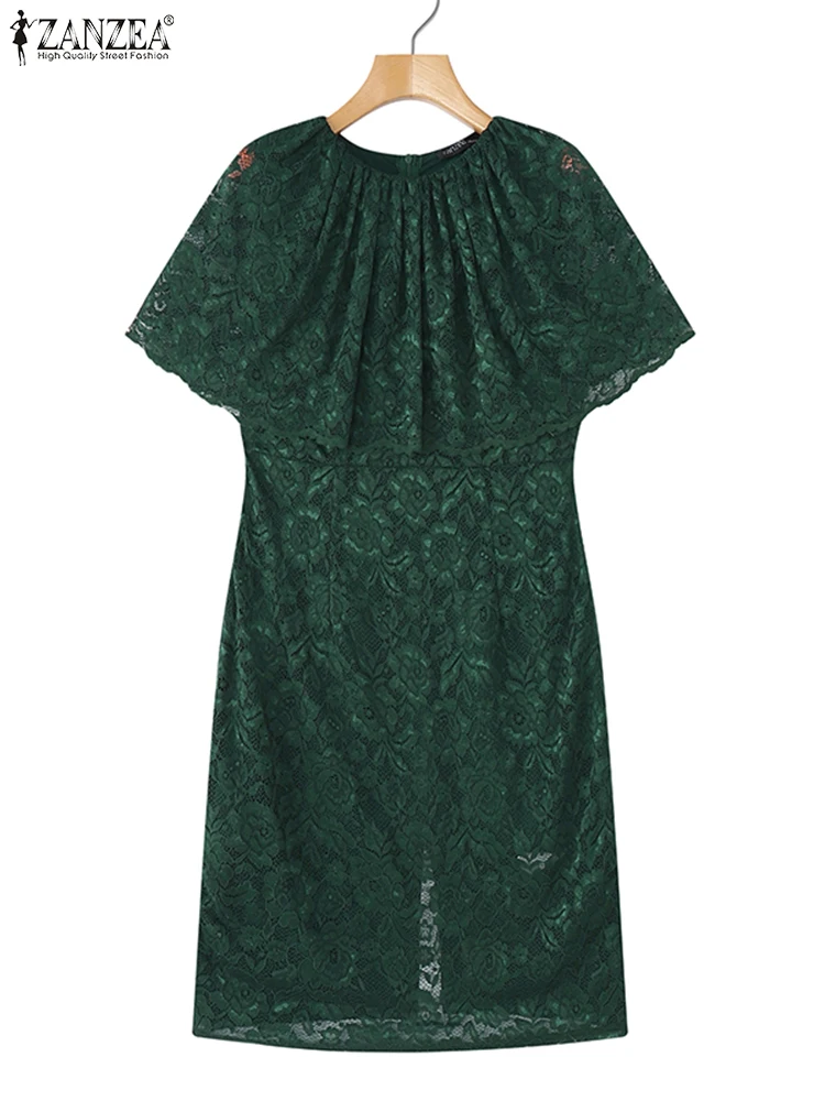 

ZANZEA Elegant Knee-Leng Lace Dress Summer Sundress Office Lady Cloak Sleeves Party Vestidos 2025 Casual High Waist Zipper Robe