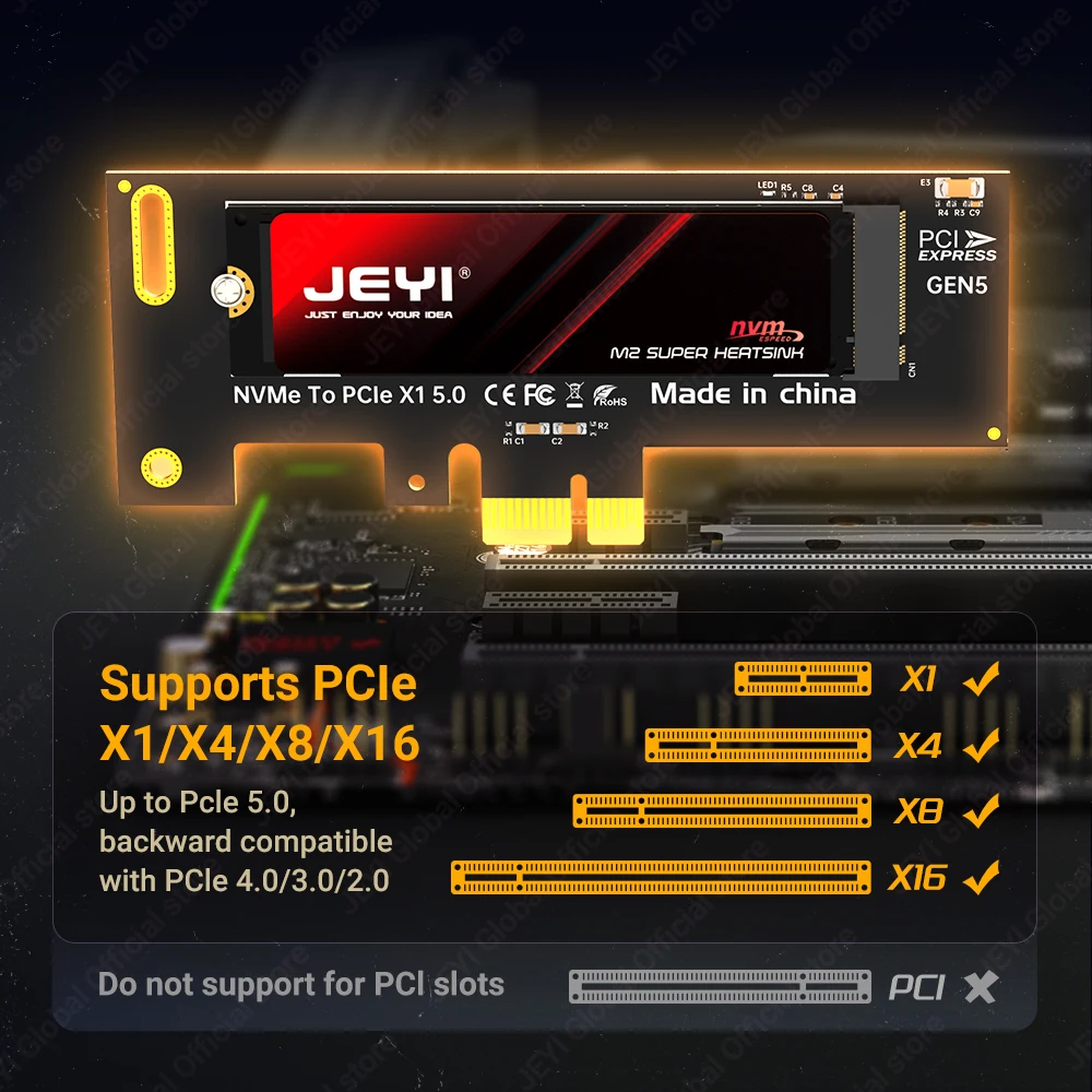 Jeyi pcie 5.0 x1 para m.2 nvme adaptador 32gbps velocidade para 2280/60/42/30 ssd oco para fora pcb resfriamento windows/linux/macOS compatível