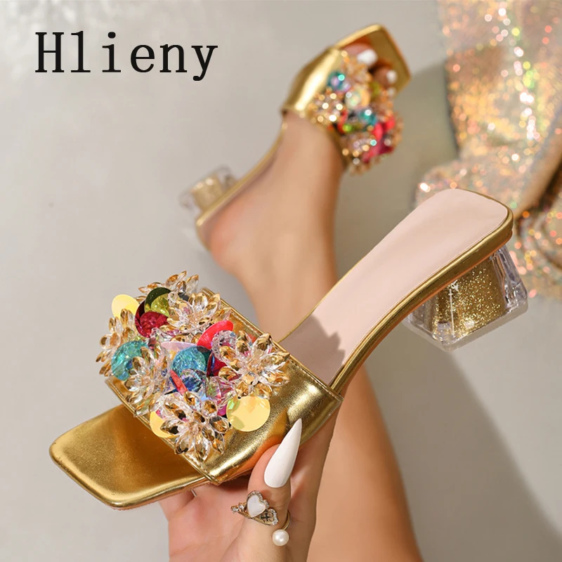 

Hlieny/модные женские тапочки из ткани с блестками и квадратным носком, пикантные туфли на низком каблуке с кристаллами, летние женские вечерние модельные сандалии для выпускного вечера