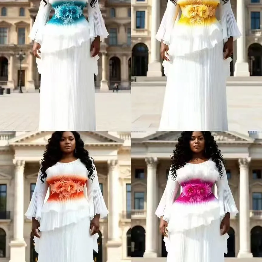 

rican Design Women's Dr Flared Sve Printed Skirt Waist Cinched Decorative Pleats Floral 3D Decoration Spring 2026