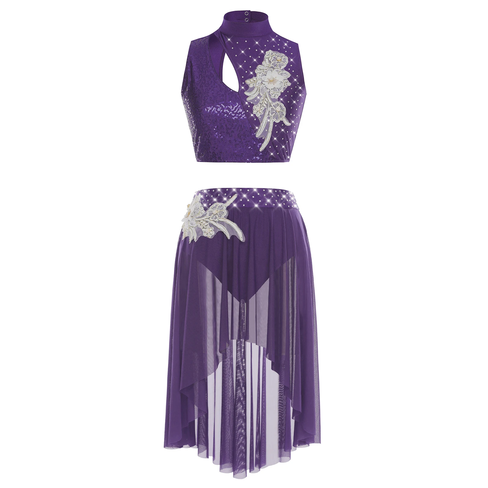 Womens Elegant Lyrical Dance Costume Set Sleeveless Embroidery Crop Top & Applique High-Waist Skirt Hollow Out Belly Dance Wear