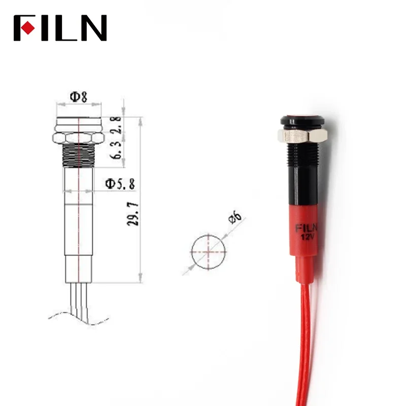 FILN 1pc 6mm mini 12v 24V LED metal indicator light flat signal lamp red green blue orange white with 20cm cable