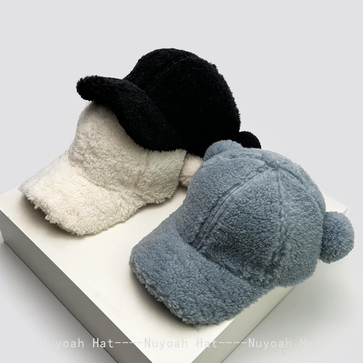 

New Men Women Cute Furry Ball Ears Solid Plush Baseball Hats Sunshade Outdoor Warm Simple Peaked Caps Versatile Fashion Casual