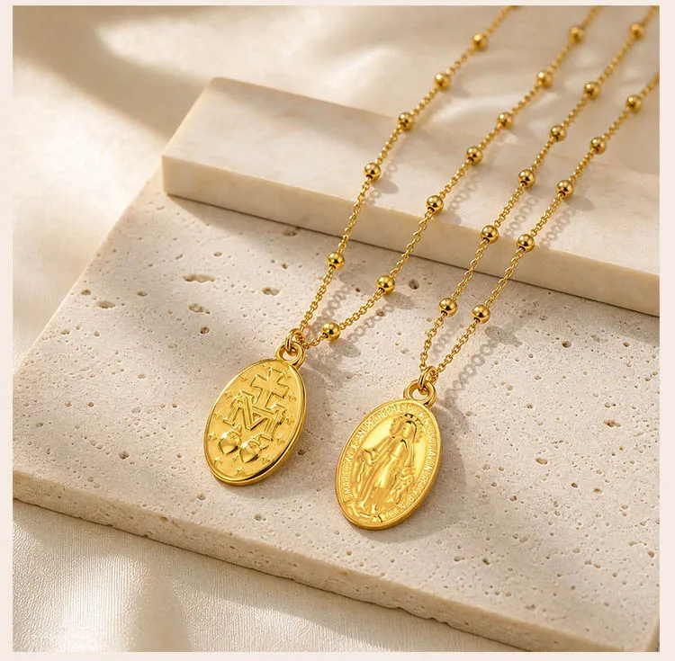 Halskette mit Jungfrau-Maria-Medaille, 18K Vergoldeter Edelstahl, Perlenketten-Stile für Katholisches Geschenk – Detail 3