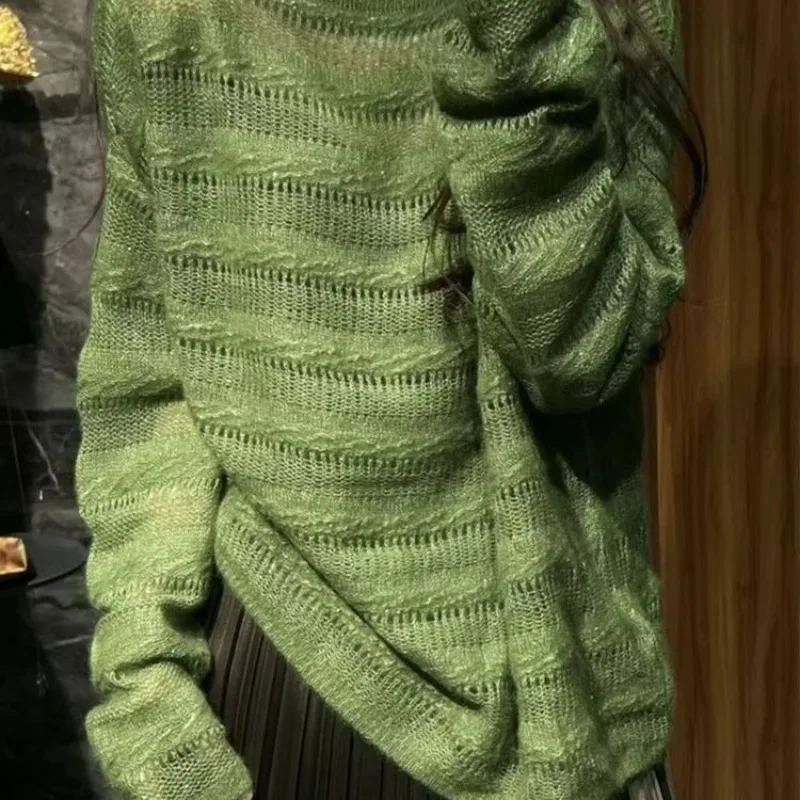 

Расслабляющий полый свитер во французском ленивом стиле, женский осенне-весенний новый повседневный уникальный и красивый зеленый вязаный пуловер, топы