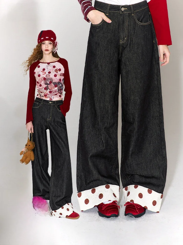 

High Waist Straight Leg Jeans Women's Early Spring Loose Fit Printed Patchwork Casual Sle Spring Season Ladies Jeans