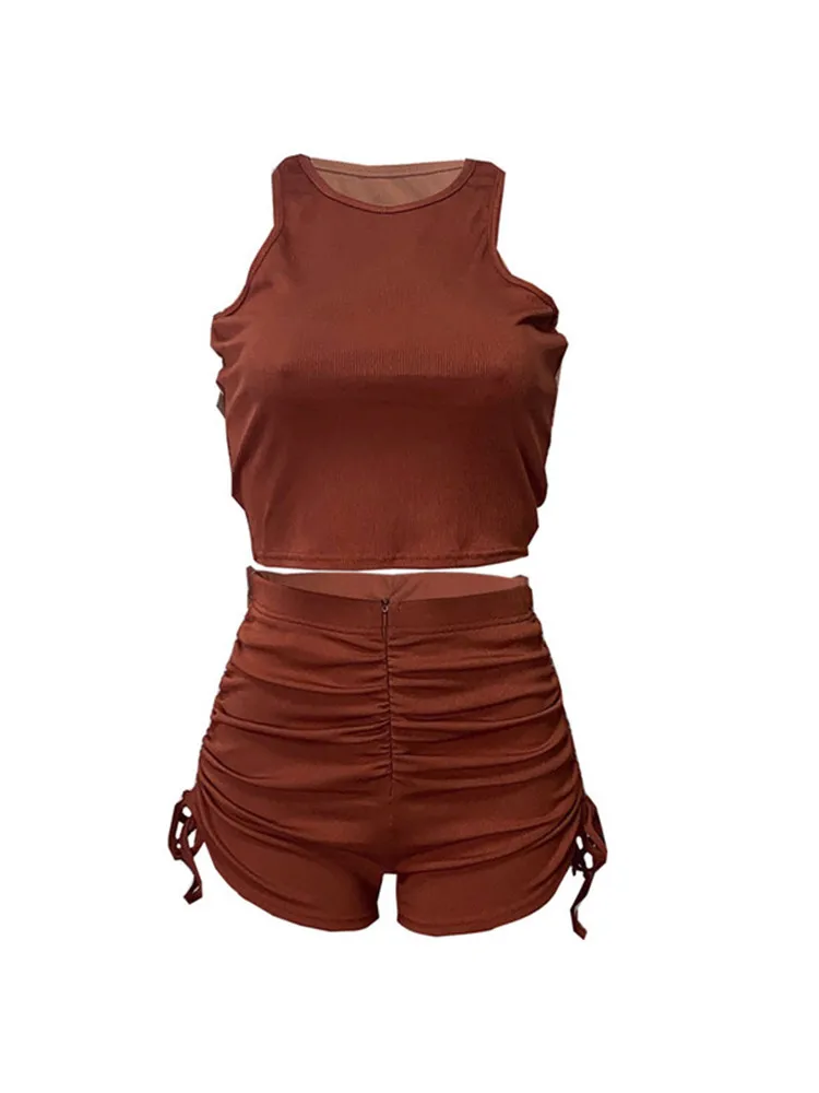 hirigin Sport Summer Clothes for Women 2 Piece Sets Drawstring Zipper Rib Shorts and Crop Top Casual Sexy Outfits Streetwear