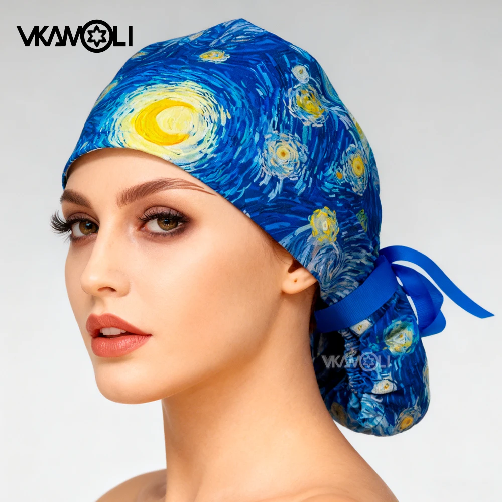 Cartoon bedrukte medische zijde satijn gevoerde chirurgische paardenstaartkap voor dames Arts verpleegkundige hoofddeksel lang haarverzorgingsmuts