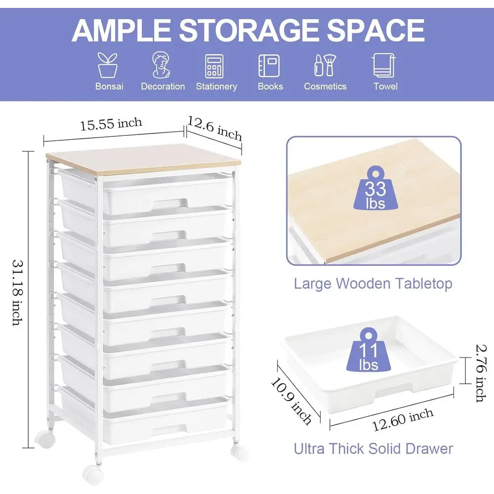عربة تخزين دوارة مع أدراج، عربة أدوات مع 8 أدراج وطاولة خشبية، عربة درج دوارة، عربة درج تخزين لـ Li #5