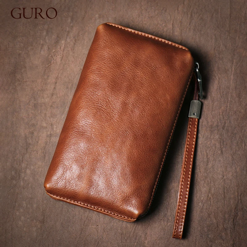 GURO-Bolso de mano de cuero genuino para hombre y mujer, cartera larga de alta calidad, tarjetero, bolso de muñeca de lujo para teléfono móvil