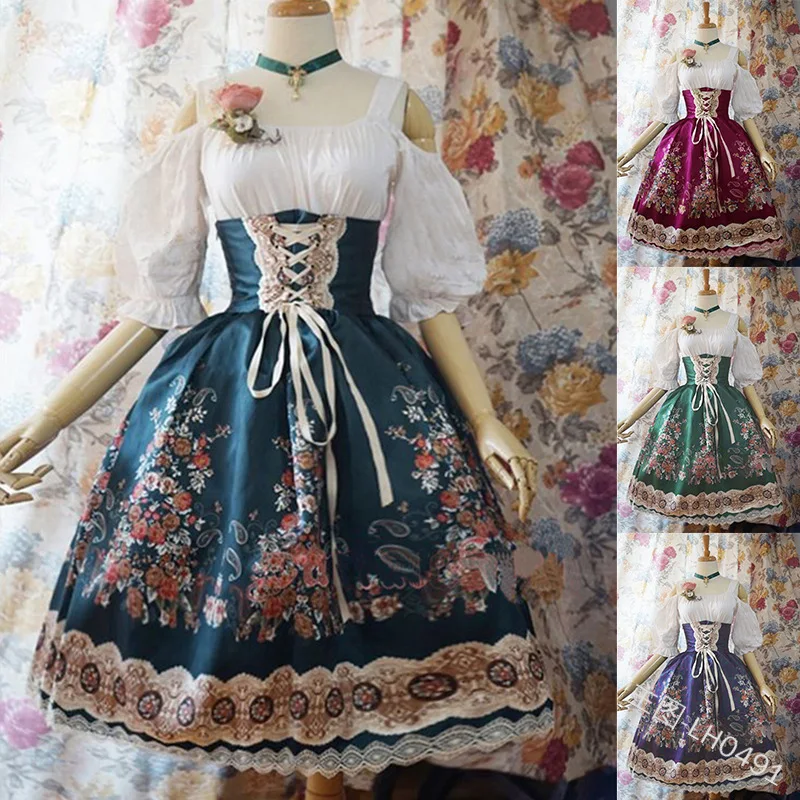 

Retro Dresses Lolita Printed High Waist Long Sleeve Lace Victorian Gothic Women medieval Costume Plus Size 3XL 4XL 5XL 2026