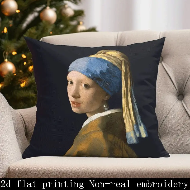 1pc Famous Girl With Pearl Earring Portrait Art Pillow Cover 2D Double-Side Print Polyester Cushion Case for Bedroom Gallery Sty