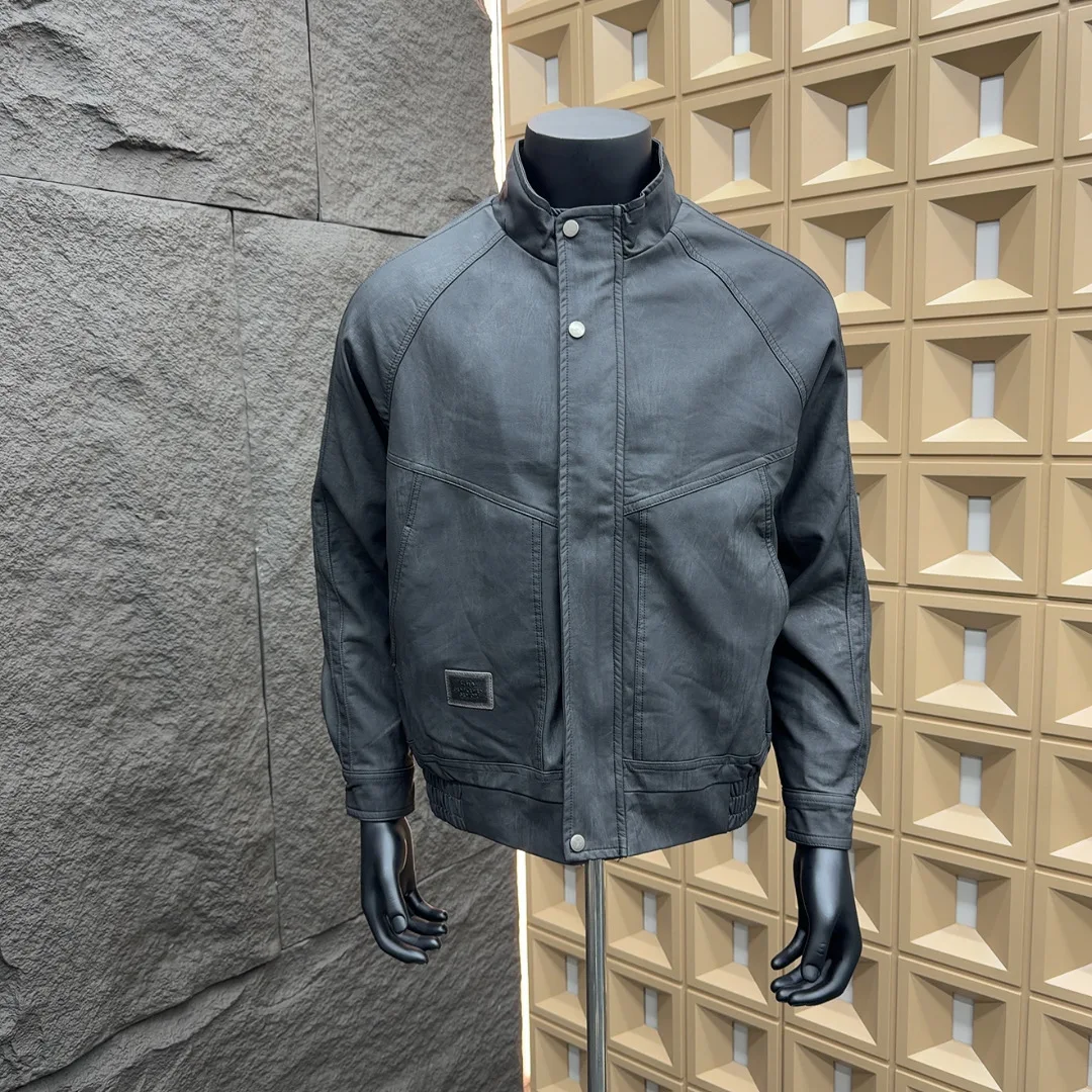 

Осеннее модное повседневное свободное пальто в стиле ретро в американском стиле, рабочая одежда Haome, кожаное пальто-джато с воротником-стойкой для мужчин