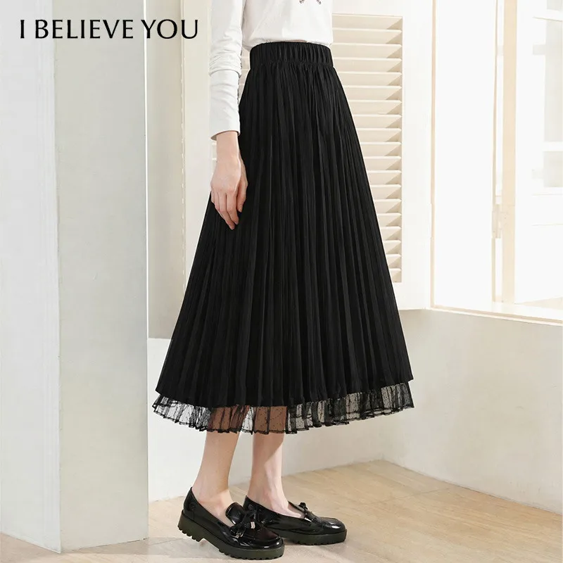 I BELIEVE YOU Black High Waist Elastic Midi Skirt for Women 2026 Autumn Mesh Splicing A -line Pleated Elegant Skirt 2263026376