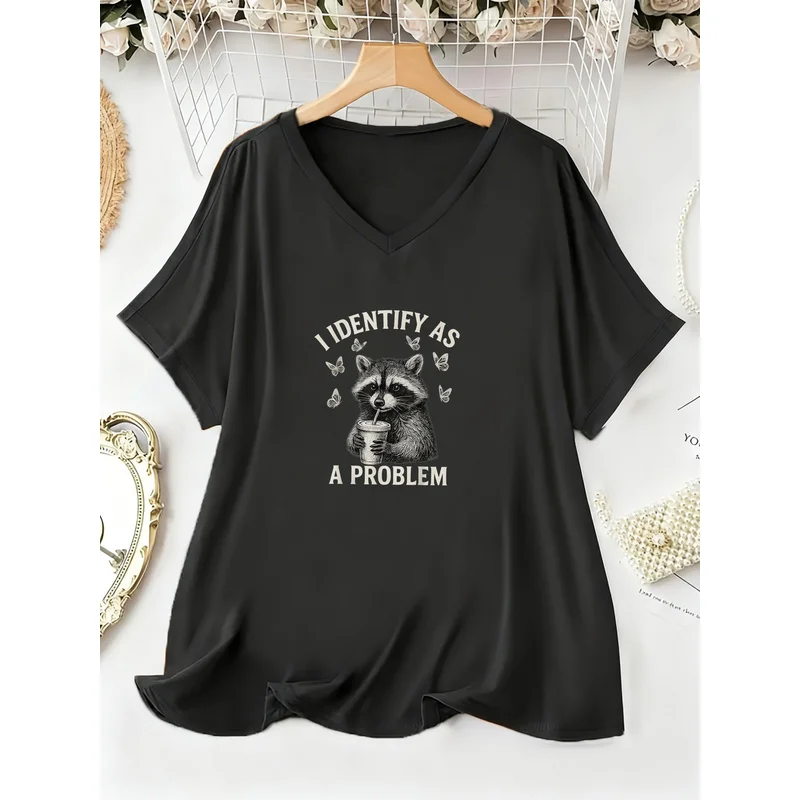 Women V Neck Batwing Sleeve T Shirt Raccoon Holding Coffee Cup with Butterflies And Text I Identify As A Problem Casual Outfit