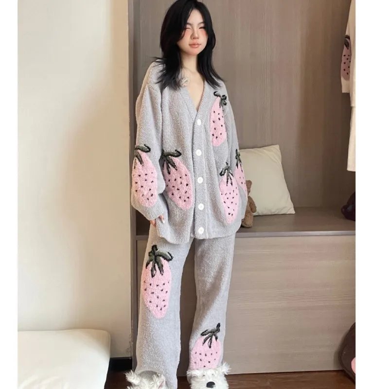 

Sweet Girly Strawberry Knitted Half-fleece Women's Suit 2026 Autumn Winter Soft Thick Warm Cardigan Pants Home Wear 2 Piece Set