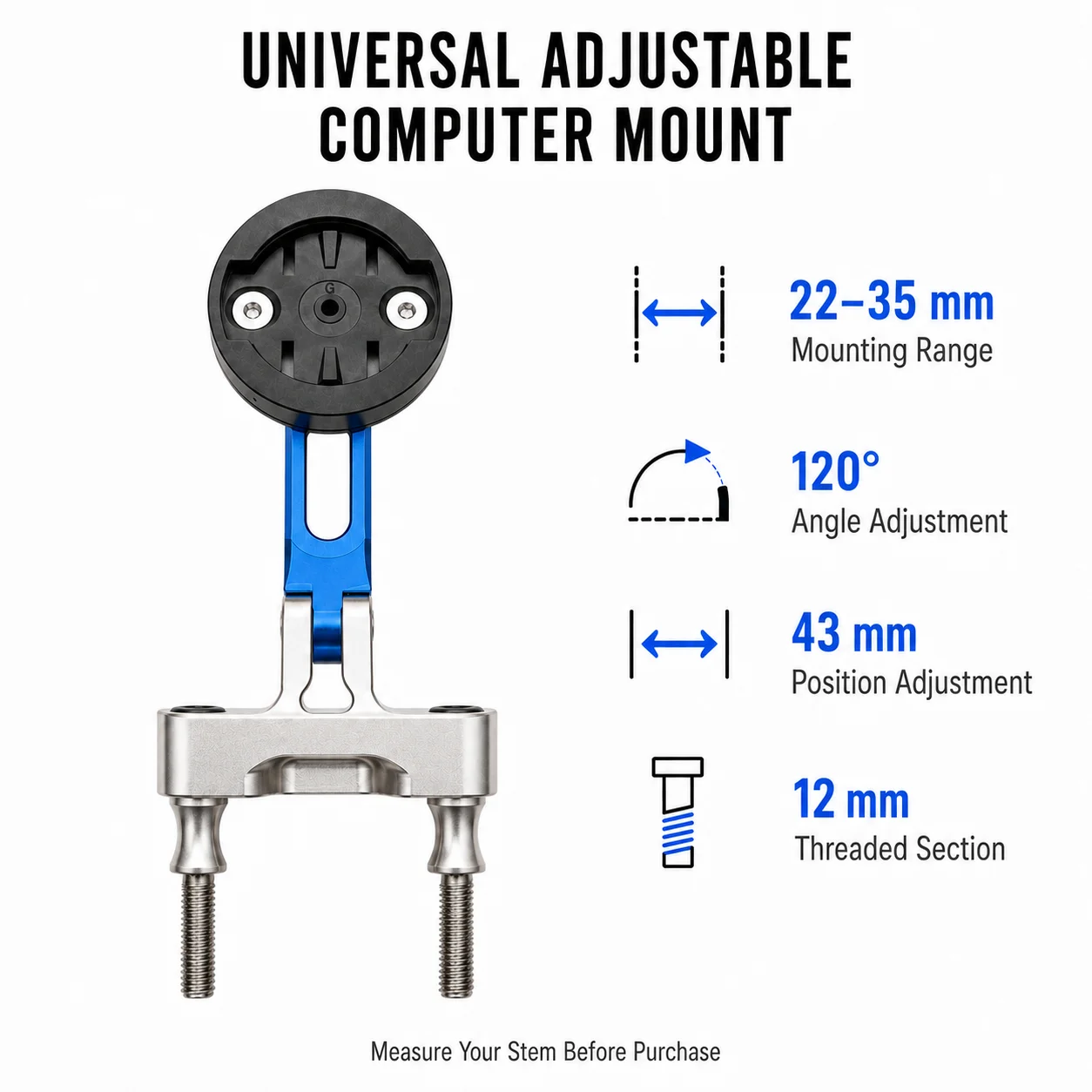 CNC Aluminum Bike Computer Mount for Garmin Quarter Turn Adjustable 120° Two-Bolt Stem 22-35mm Road Bicycle Holder