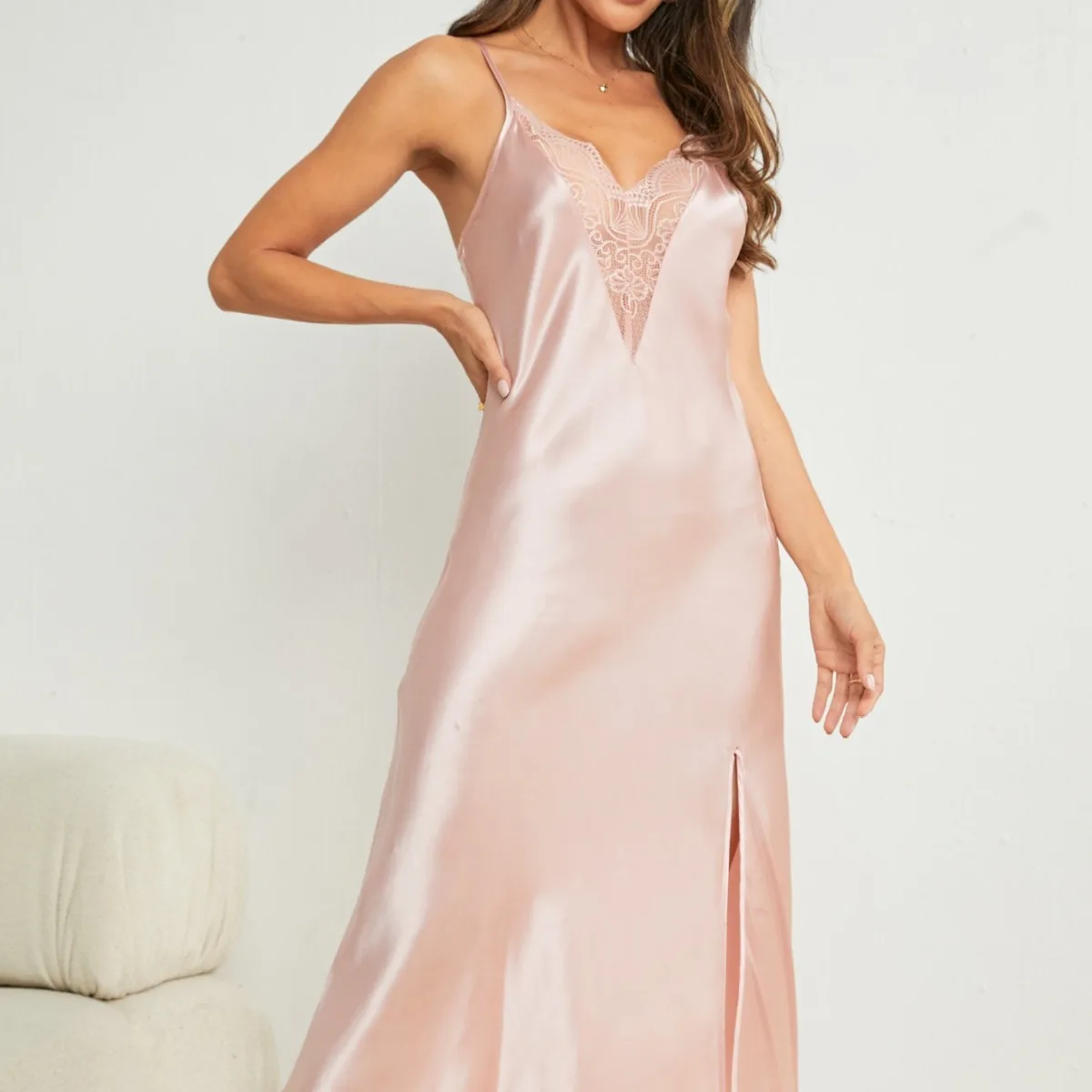

Sexy and Sexy Nightgown with Lace V-neck Suspender Long Skirt, Casual Dress, Ice Silk Pajamas