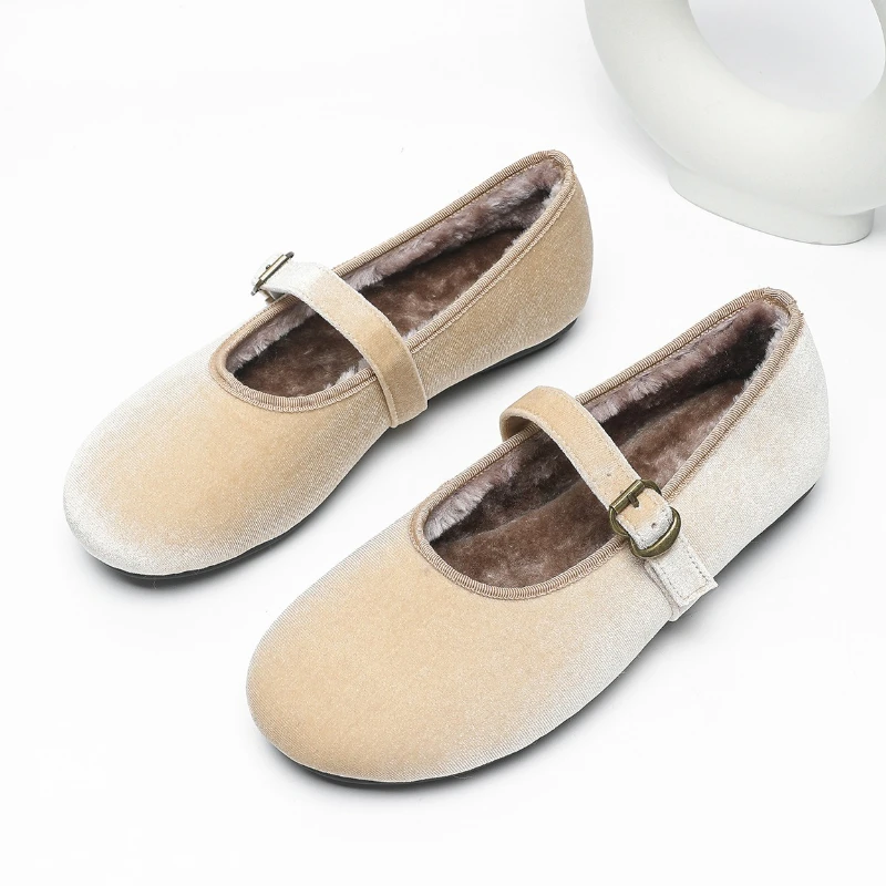 

Зимние плюшевые теплые туфли на плоской подошве, женские замшевые туфли в стиле ретро с круглым носком и пряжкой на ремешке, женские лоферы, удобная обувь Мэри Джейн на мягкой подошве