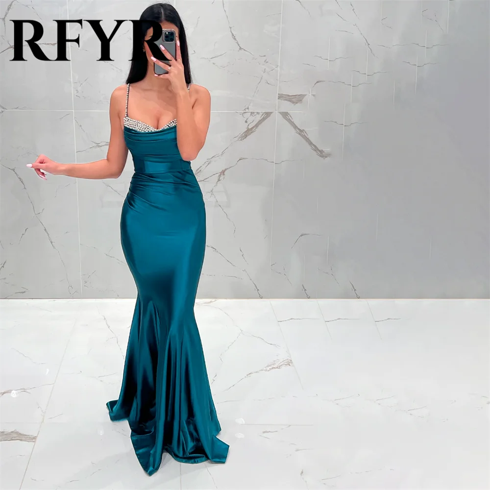 RFYR-vestido de noche de sirena para mujer, traje Sexy de satén con pliegues, tirantes finos, color negro