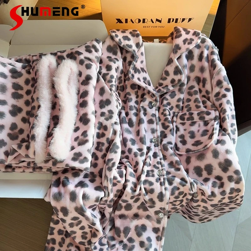 

Pink Leopard Fluffy Print Pajamas for Women Pink Fashionable Homewear Set Female Japanese Style Sweet Loungewear Suits