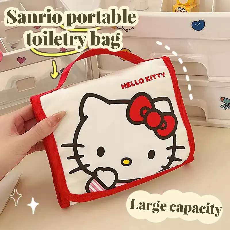 Bolsa de maquillaje plegable de gran capacidad Kawaii Sanrio Hello Kitty Kuromi My Melody, almacenamiento de viaje portátil bonito, regalos para niñas