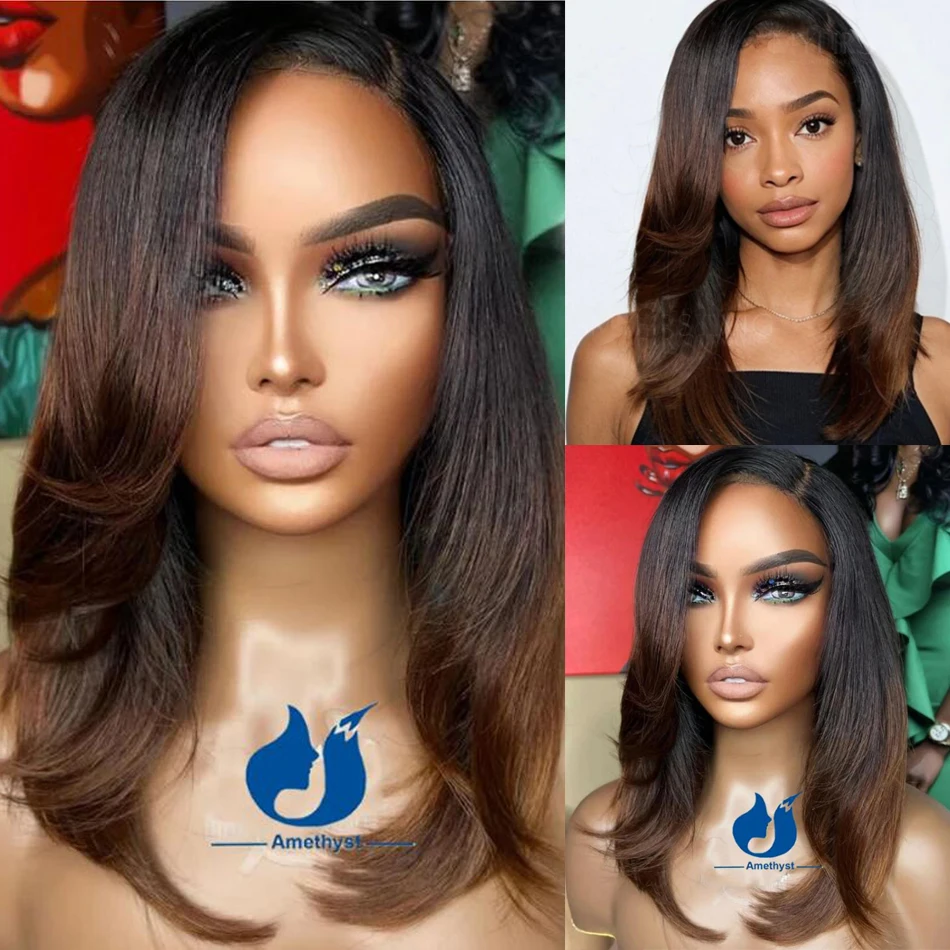 

Аметист Ombre Коричневый Бразильский Парик Человеческих Волос 13x6 Кружева Фронтальная Предварительно Сорванная Боковая Часть Волос Remy Средней Длины Отбеленный Парик Волна