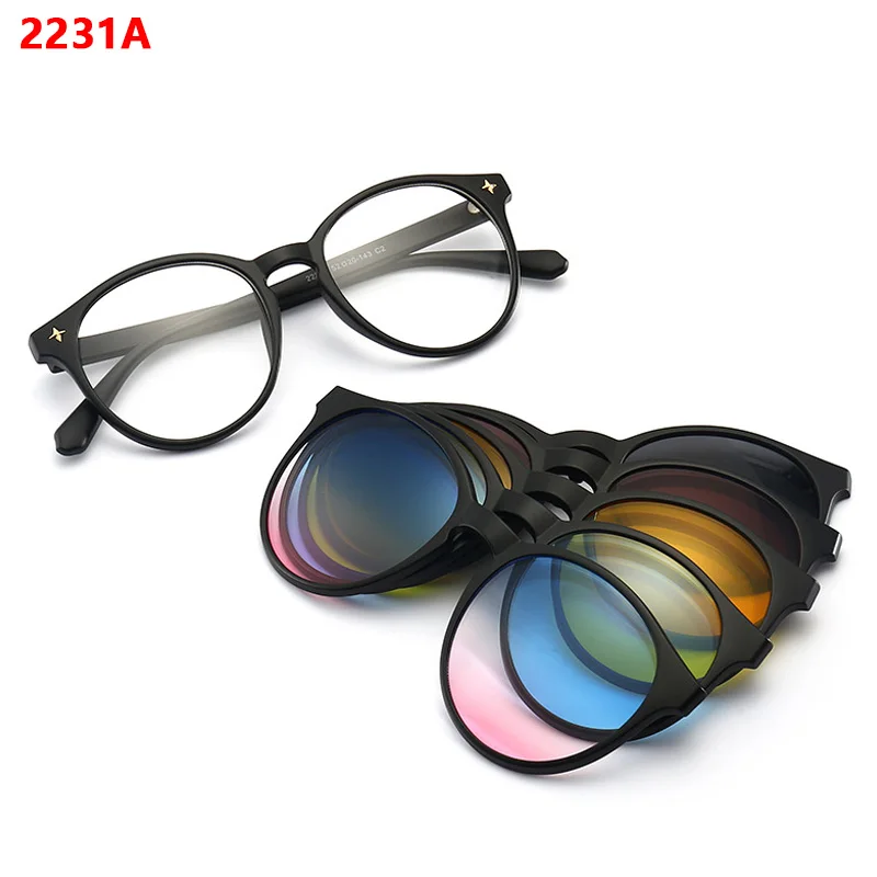 6 In 1 Polarized Sunglasses Men Women Magnetic Clip On Glasses TR90 Optical Prescription Eyeglass Frames Magnet Clips 2231