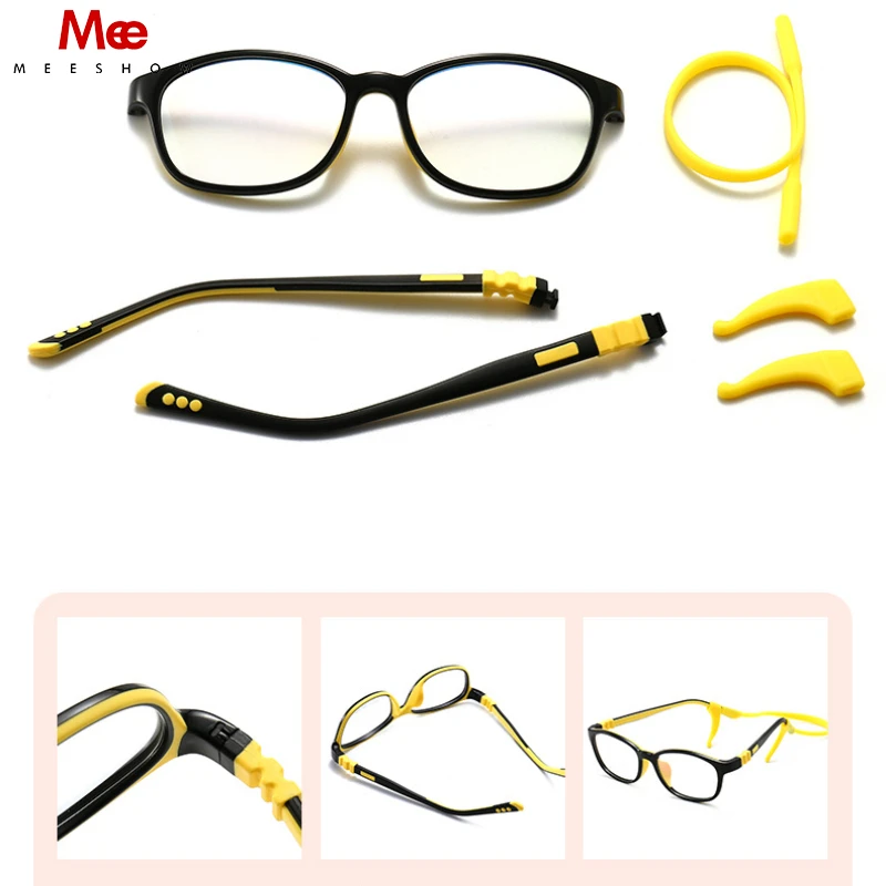 MEESHOW Kids Square Silicone Flexible Glasses Frame For Boy Girl 5-12y Ultralight Optical Eyeglasses With Sports Strap 8615