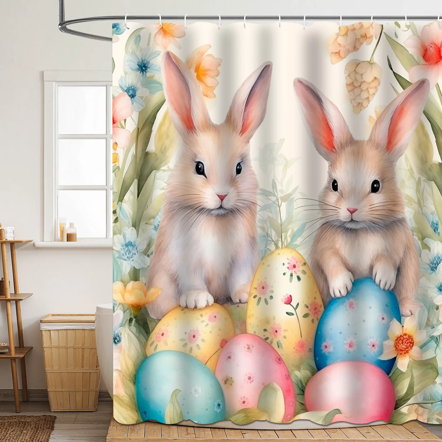 1pcs Pink Easter Bunny Shower Curtain Lovely Bunny Eggs Waterproof Bath Curtain for Home Bathroom Decor 180x180cm with Hooks