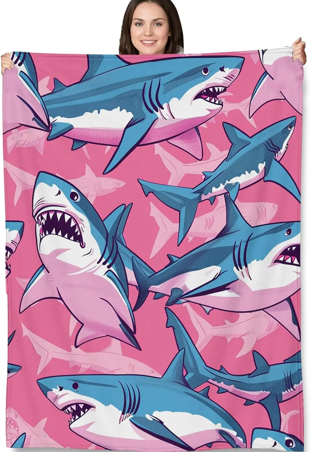 Pink Shark Blanket Gifts, Fun and Bold Blue Sharks Fleece Throw, Cozy and Soft Lightweight Blanket for Ocean and Animal Lovers,