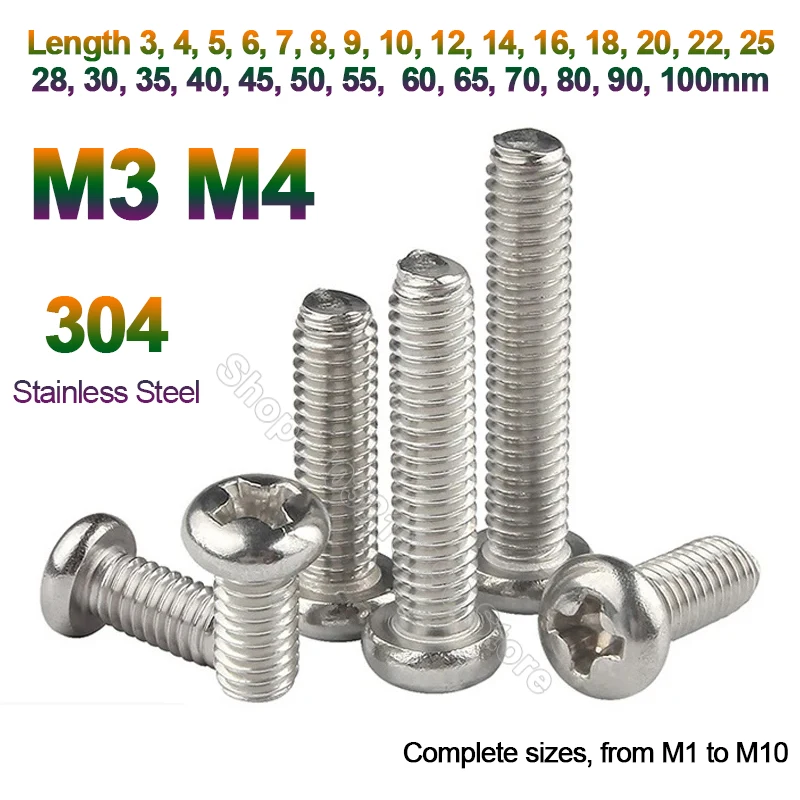 30-50pcs M3 M4 304 Stainless Steel Cross Phillips Pan Round Head Screw Bolts Length 3,4,5,6,7,8,9,10,12,14,16,18,20,22,25-100mm