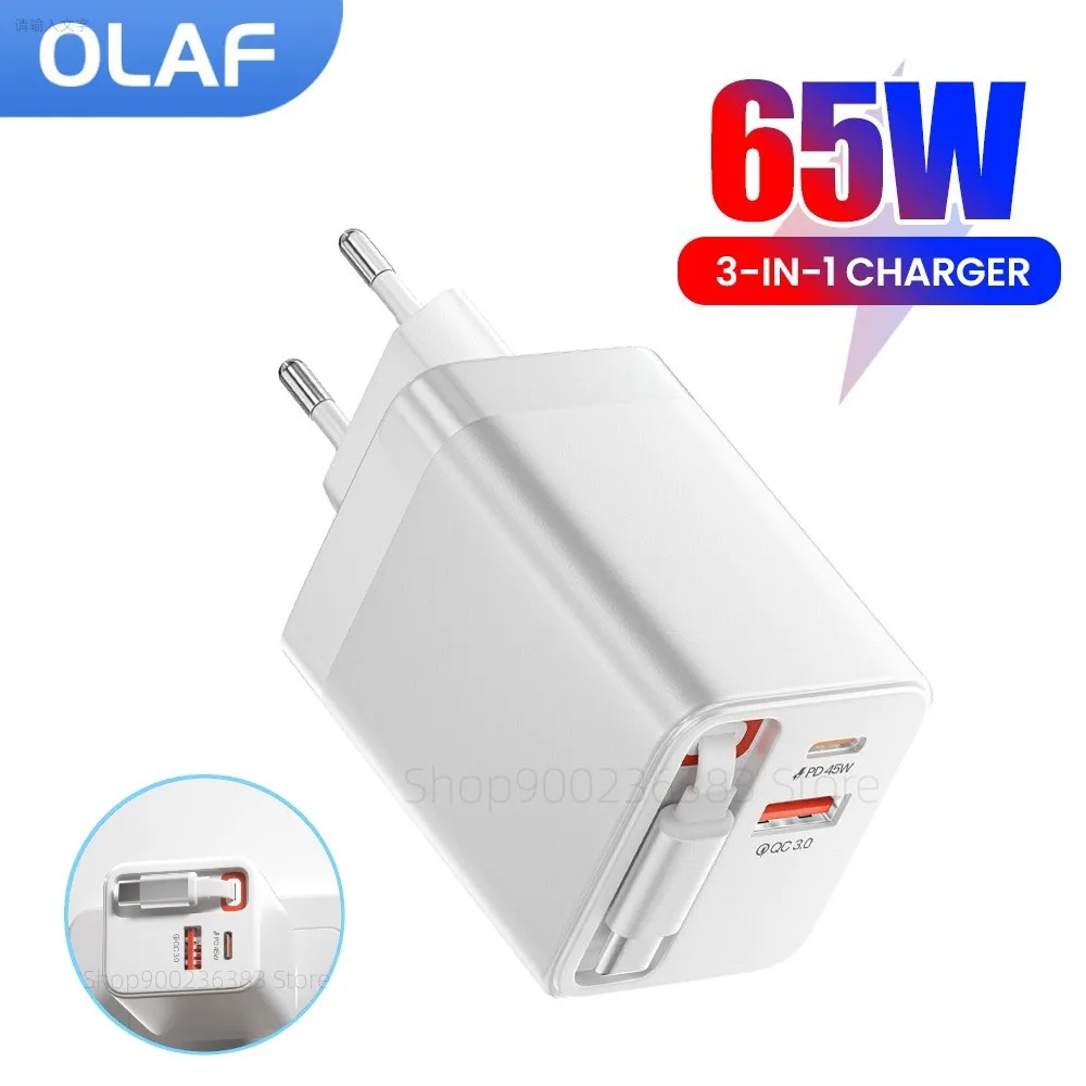 

Olaf 65 Вт USB-зарядное устройство с выдвижным кабелем типа C PD QC3.0 Быстрая зарядка USB-зарядное устройство типа C для телефона Huawei Xiaomi iPad Laptop