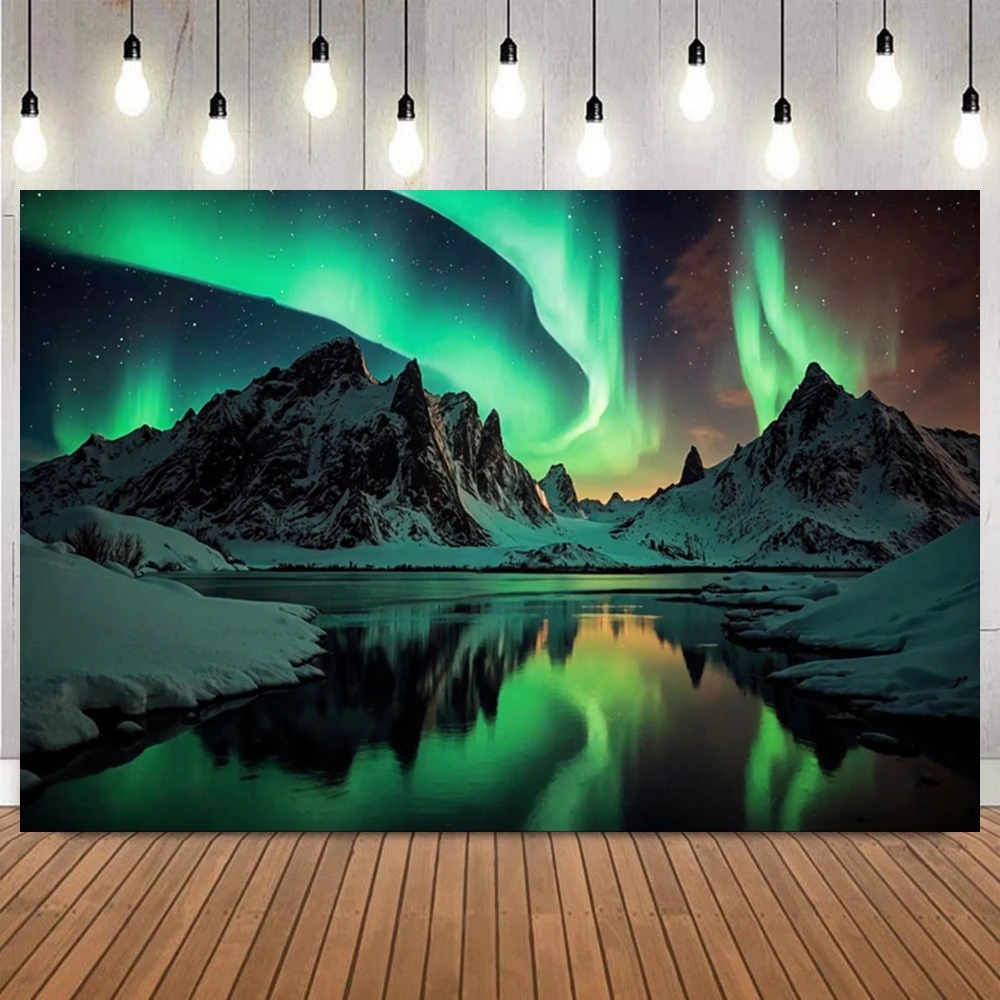 

Зимнее ночное небо с Авророй фон снежная сцена горы озеро лес звездное небо природный пейзаж декор фотография фон
