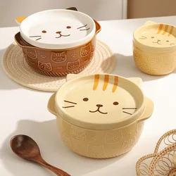 Ceramic Bowls Cartoon Japanese Ceramic Cat Dog Noodle Bowls with Lids Cute Animal Soup Salad Fruit Bowl Box Kitchen Tableware