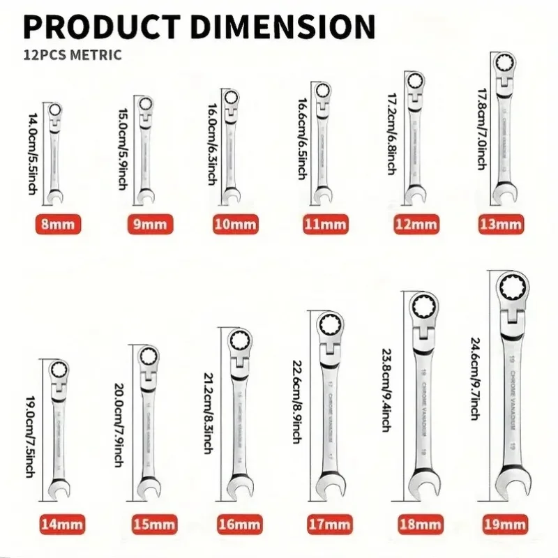 مجموعة مفاتيح ربط برأس مرن مكونة من 12 قطعة، مجموعة مفاتيح تصعيد، متري 8-19 مم، 72 سنًا، مجموعة مفاتيح ربط بسقاطة من الفولاذ Cr-V مع حقيبة