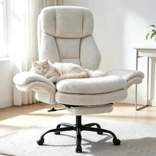 Big and Tall Office Chair with Flip Armrests and Footrest (White) | 500LBS, Teddy Fleece Criss Cross Legged Chairs