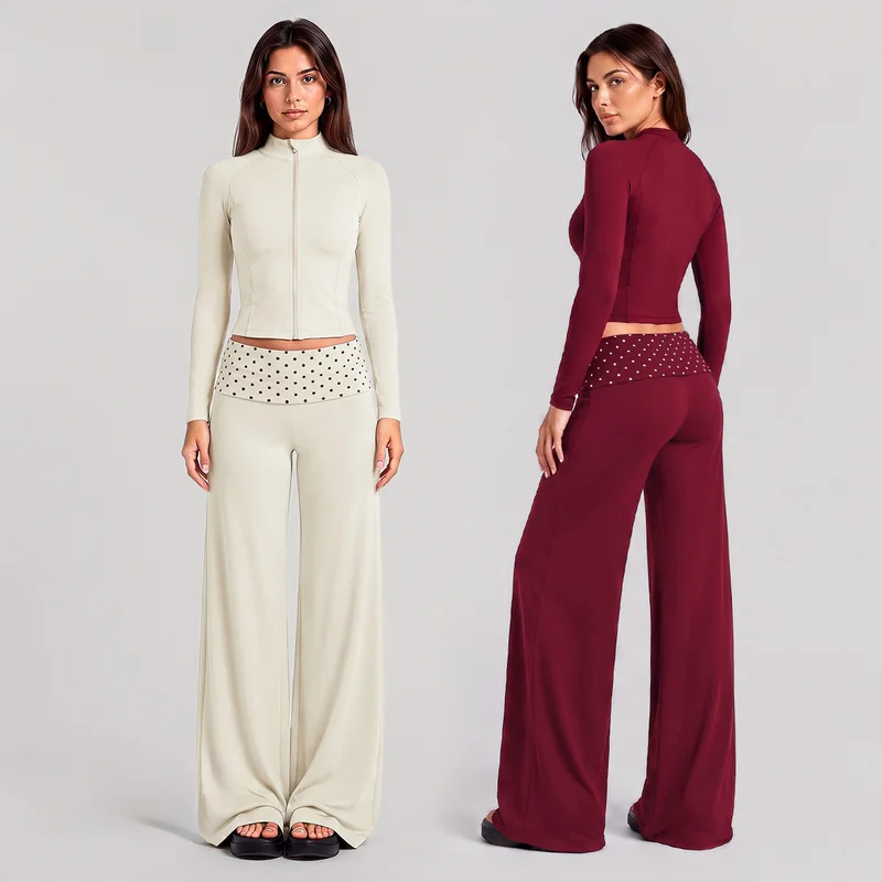 Women 2 Piece Yoga Fitness Set Slim Fit Stand Collar Zip Up Jacket Contrast Polka Dot Fold Over Waist Wide Leg Pants Activewear
