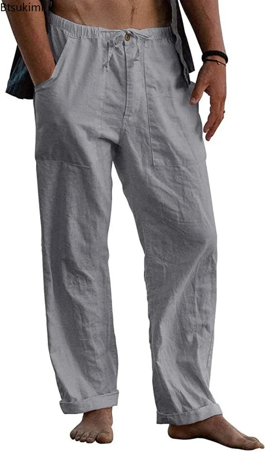 2026 Men\'s Breathable Cotton Linen Beach Pants Fashion Solid Loose Casual Trousers Summer Drawstring Pocket Straight Yoga Pants