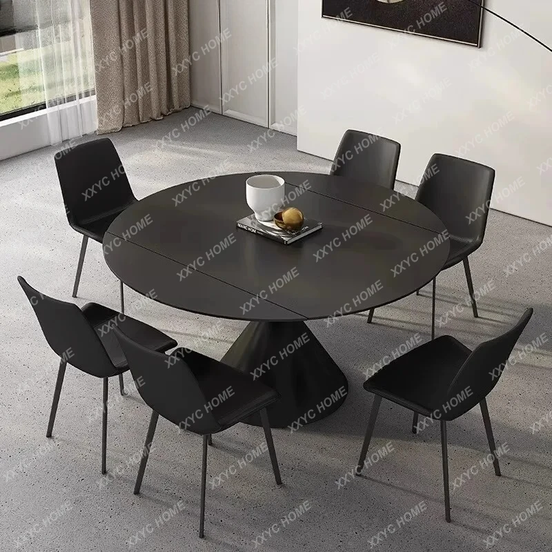 

Круглый обеденный стол из черного камня, современный, простой, для дома, с вращающейся и выдвижной столешницей