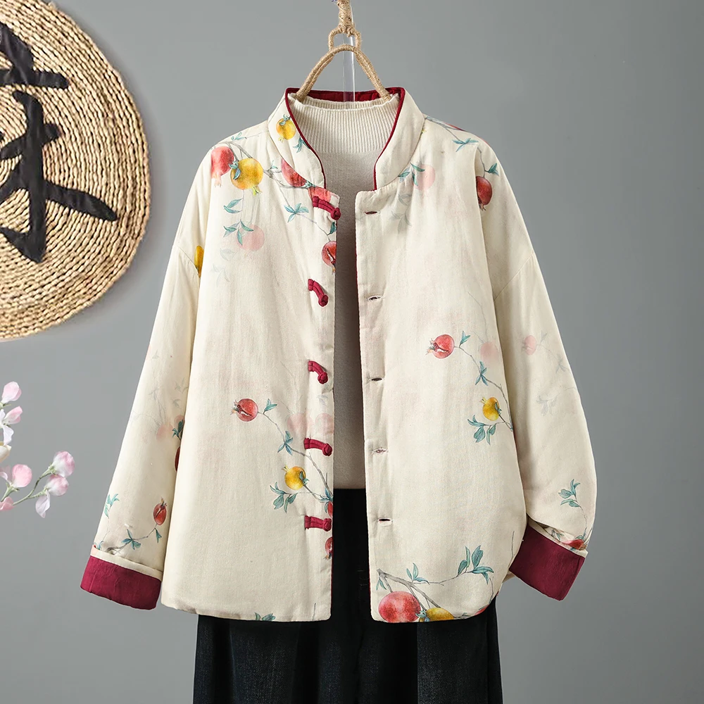 Double-Sided Wear Retro Thickened Cotton Jacket Women's Winter Coat National Style Button Design Comfortable Cotton Outerwear